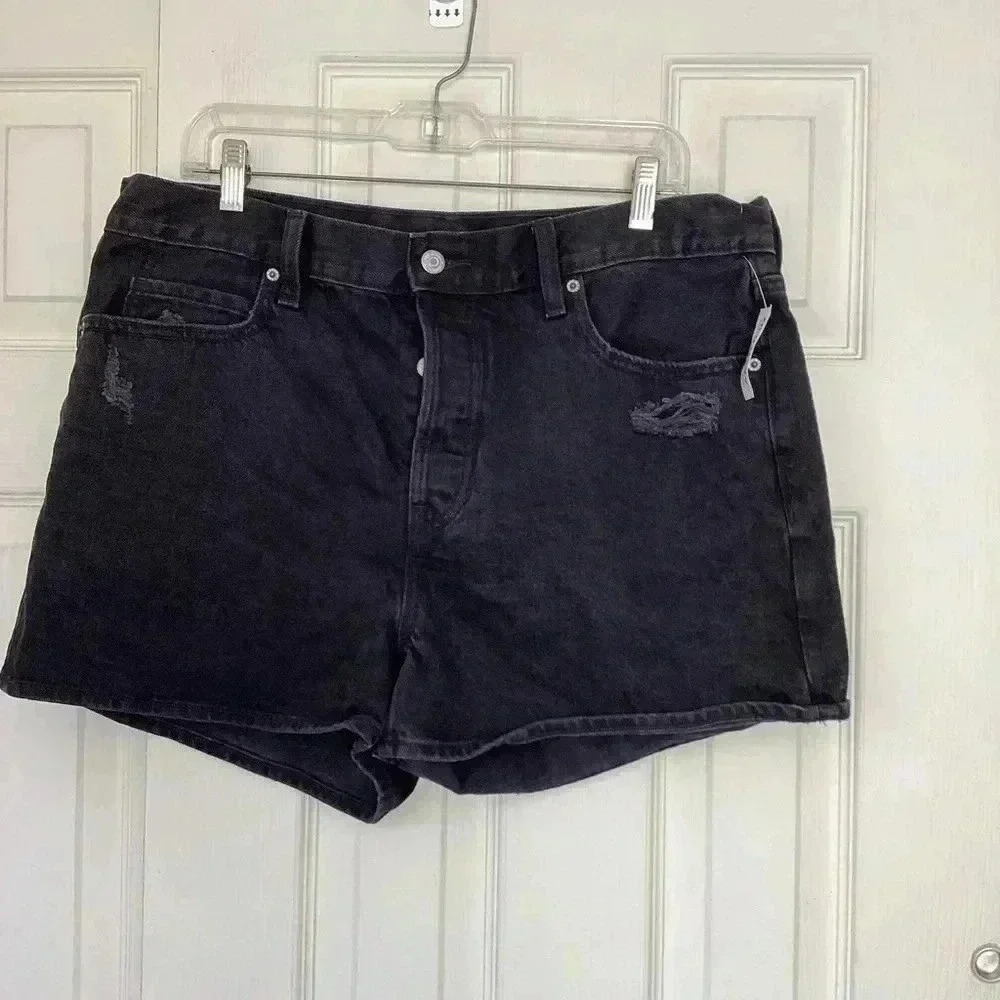 NWT Old Navy High Rise Slouchy Straight Black Denim Shorts Button Fly Size 12